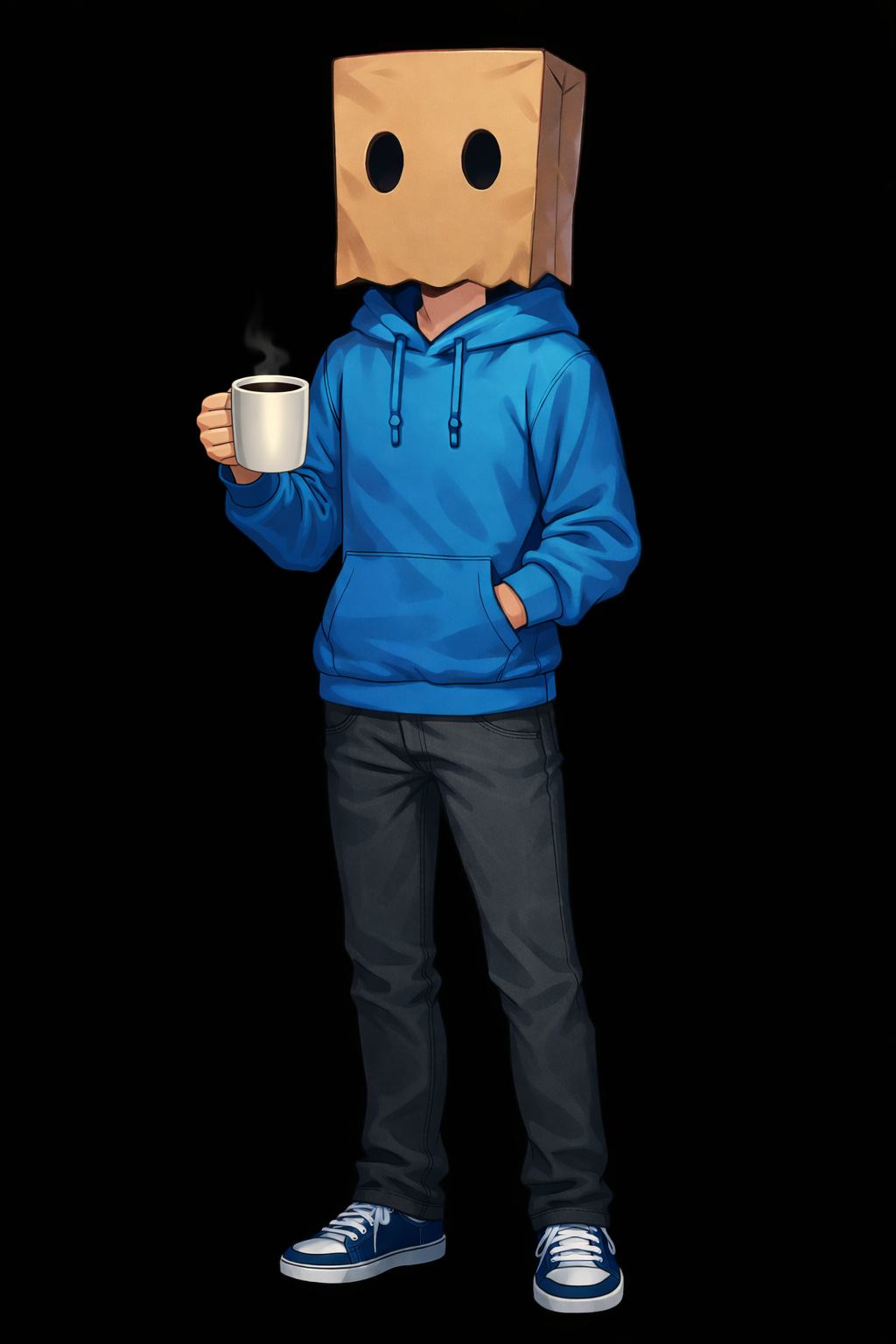 Sirulean — paper-bag-headed PNGtuber in a blue hoodie holding a steaming coffee